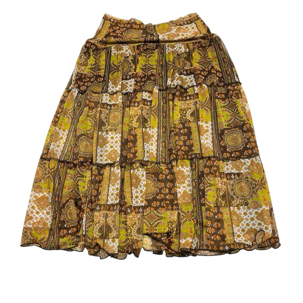 Vintage Brown Patchwork Skirt Chiffon Midi Size M Boho Hippie Festival 70s